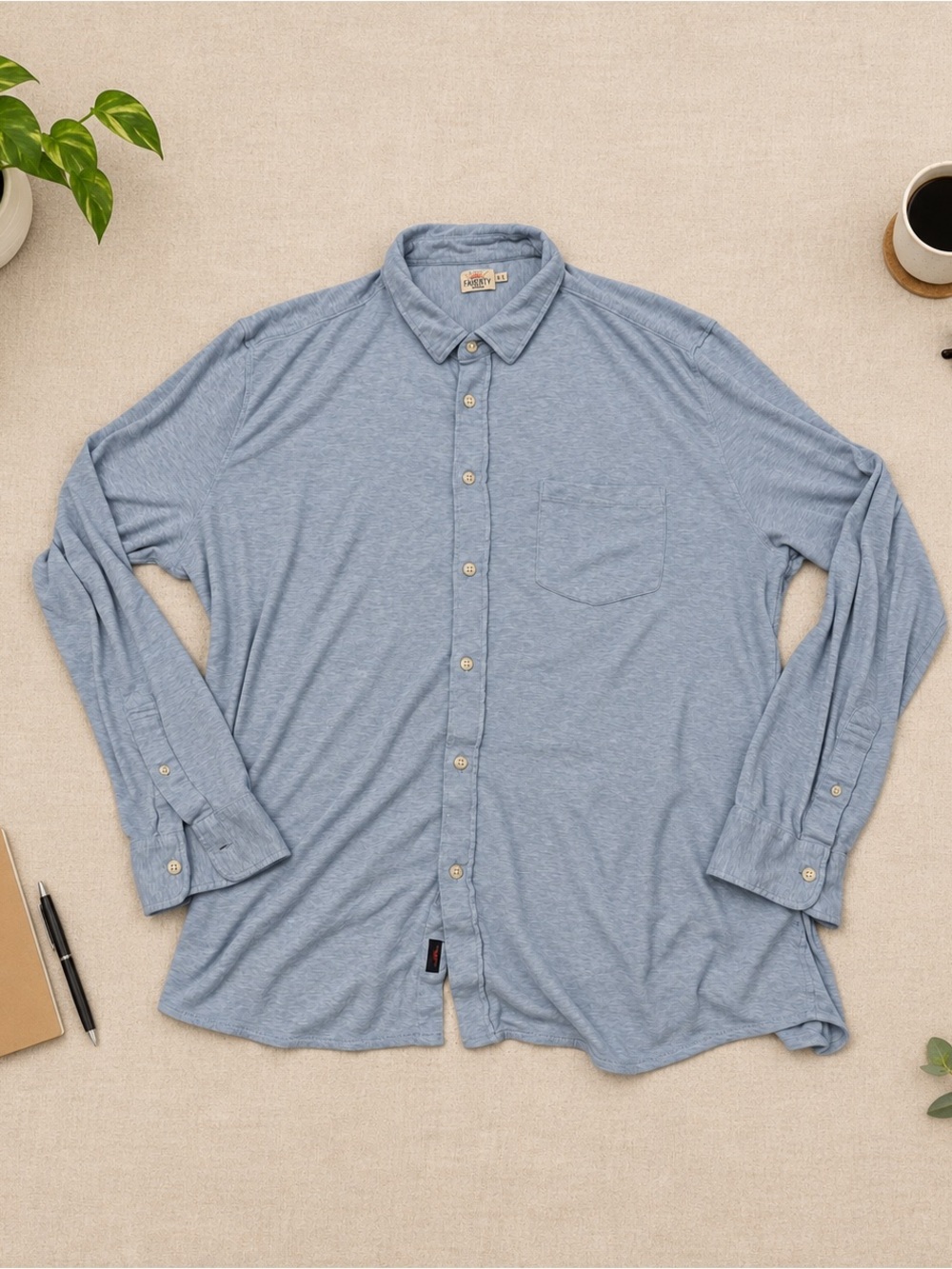 Faherty Brand Heather Blue Jersey Knit Button-Down Shirt — Men's XXL